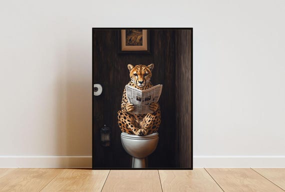 Cheetah On Toilet Poster, Animal Bathroom Art