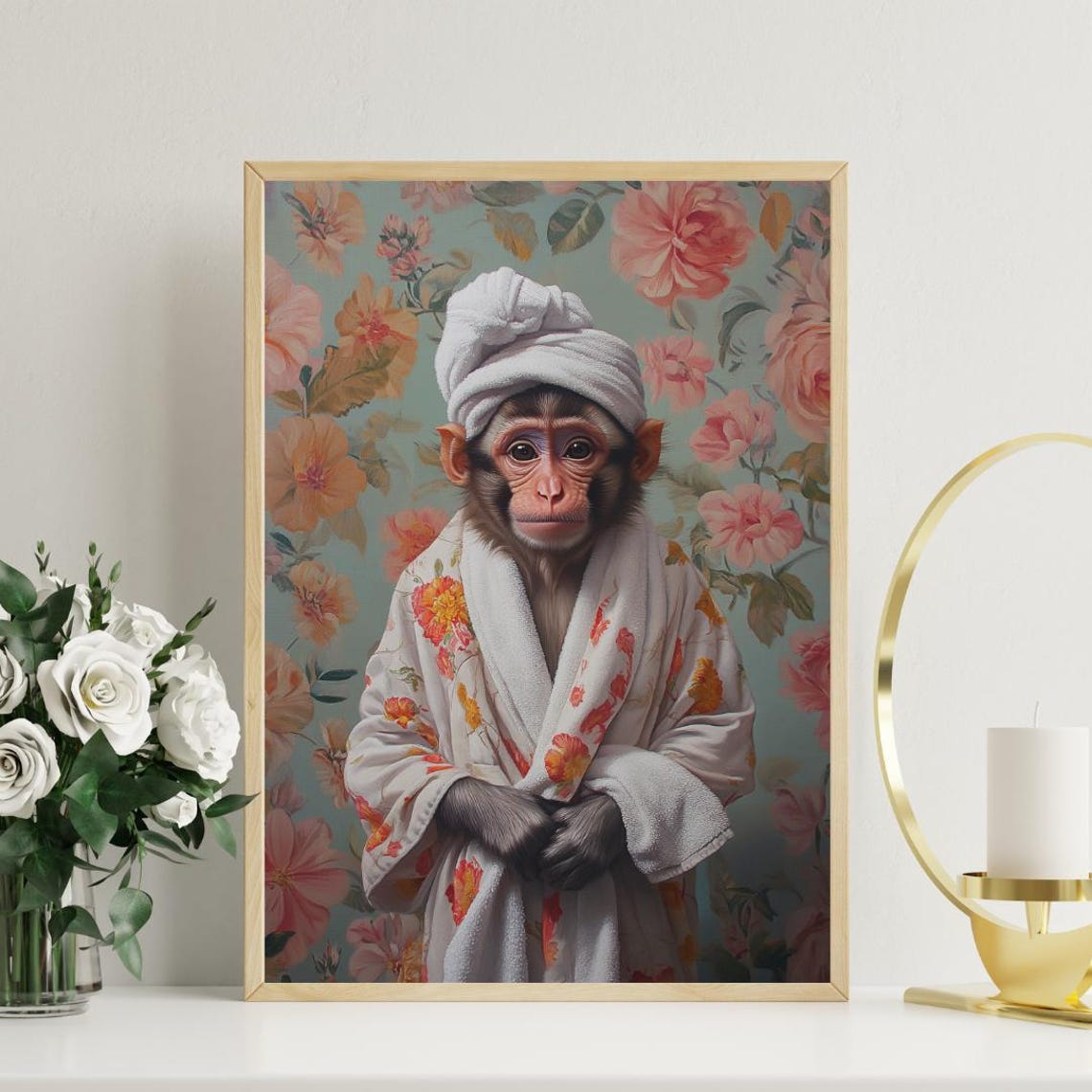 Funny Monkey in Bathrobe Floral Wallpaper Bathroom Art Poster - Image 3