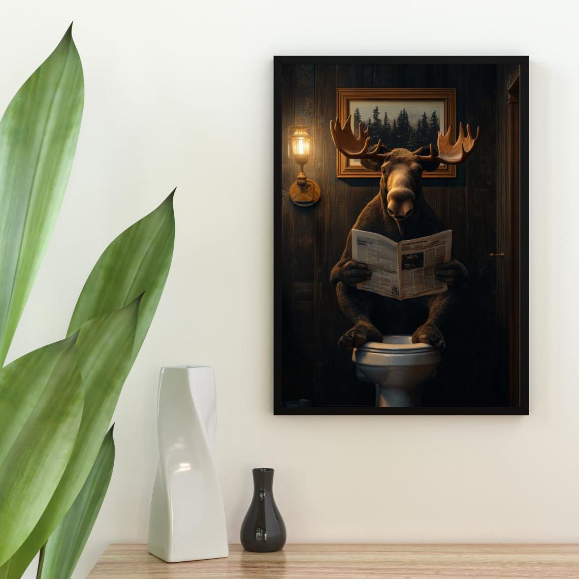 Moose on a Toilet Reading a Newspaper in a Dark Wood Bathroom Poster - Image 2