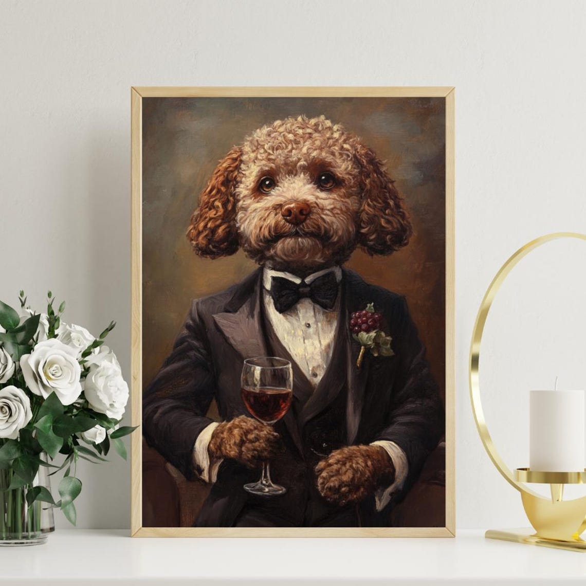 Lagotto Romagnolo In Tuxedo Holding Red Wine Curly Dog Portrait Poster - Image 3