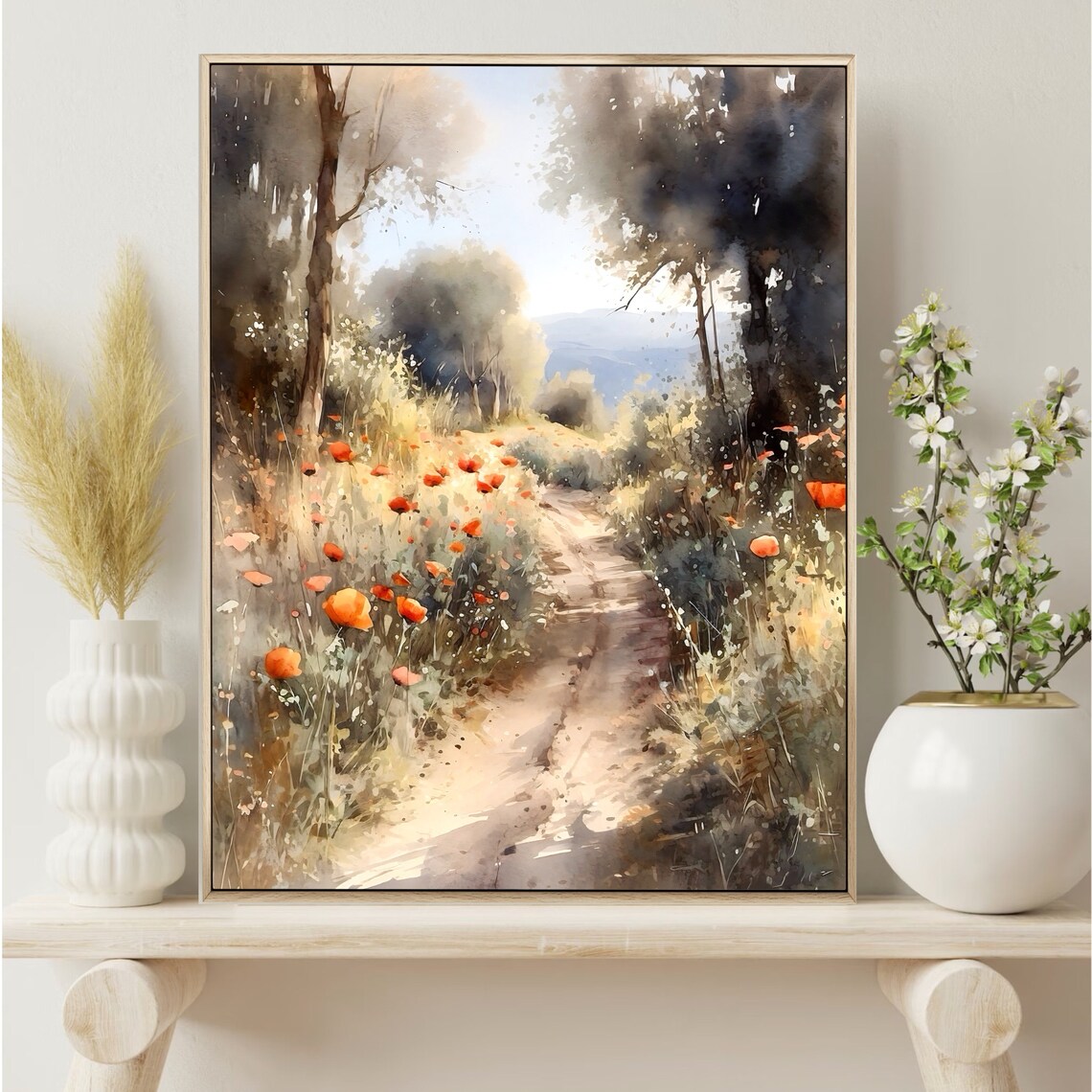 Poppy Field Path Through Woods Watercolor Nature Art Scene Poster - Image 2