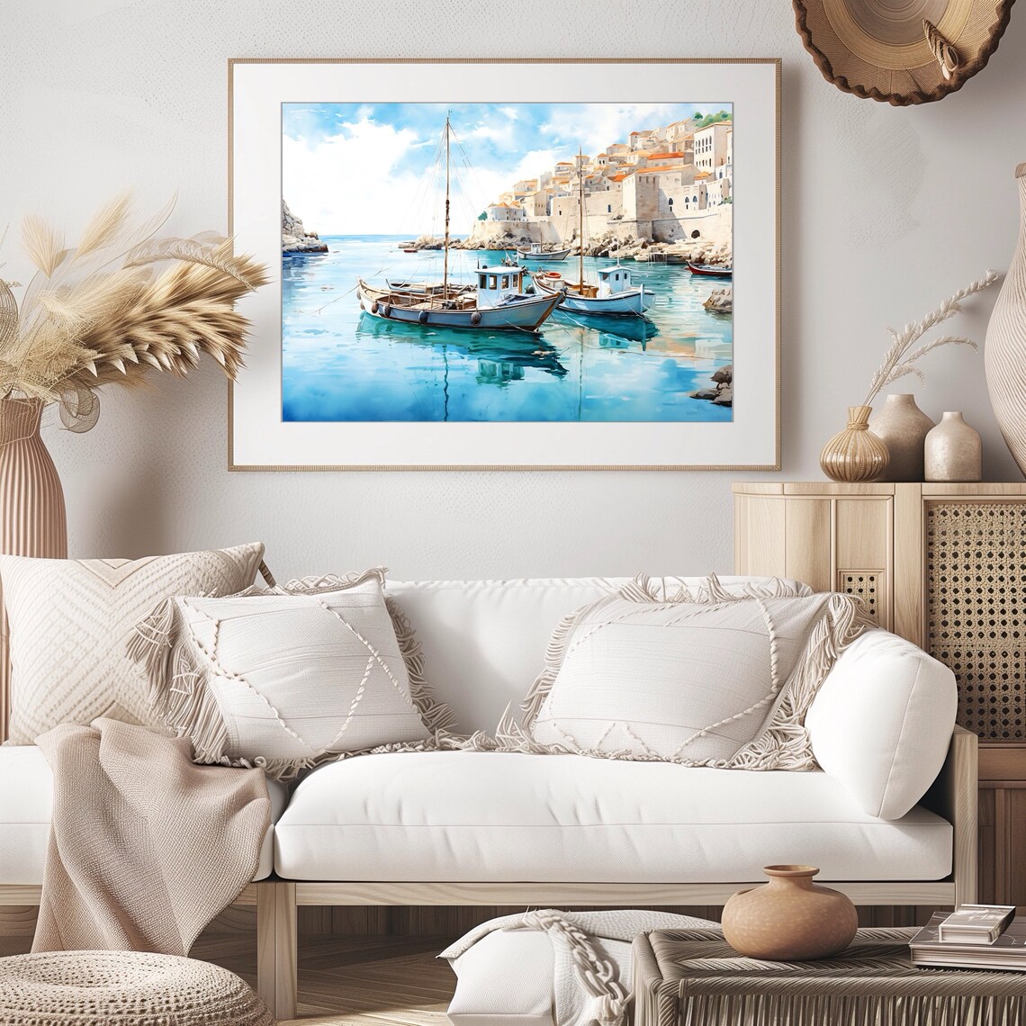 Fishing Boats Turquoise Harbor Old Coastal Town Watercolor Poster - Image 4