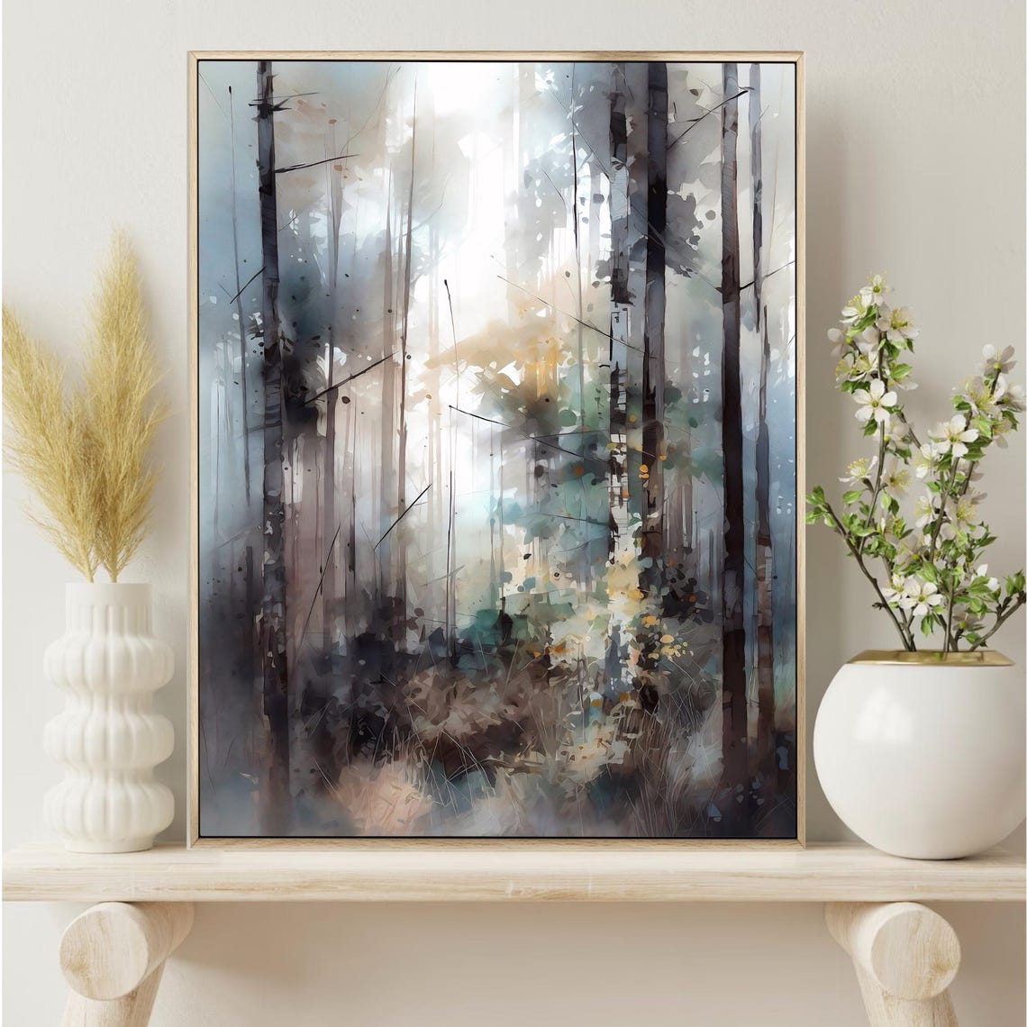 Tall Misty Pine Trees Soft White Light Dreamy Watercolor Forest Poster - Image 3