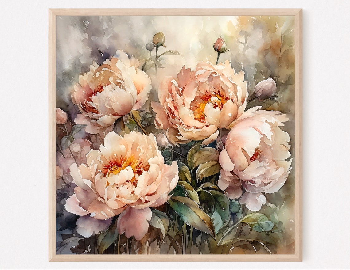 Blush Peony Blooms Watercolor Bouquet Soft Neutral Floral Poster