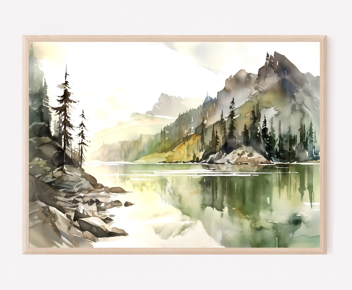 Mountain Lake Watercolor Landscape, Modern Minimal Art Print