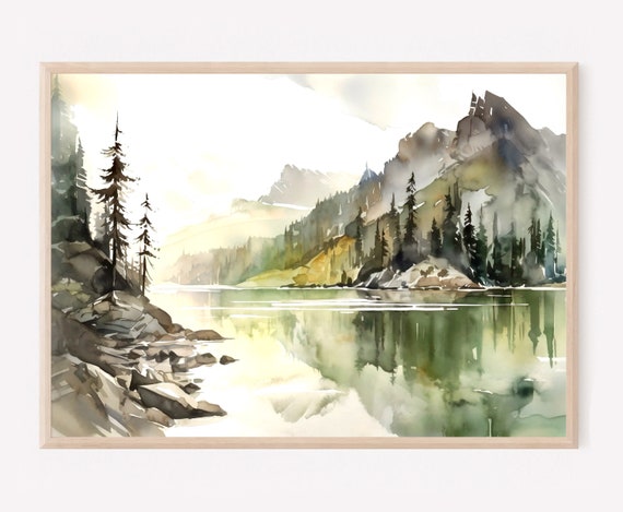 Mountain Lake Watercolor Landscape, Modern Minimal Art Print
