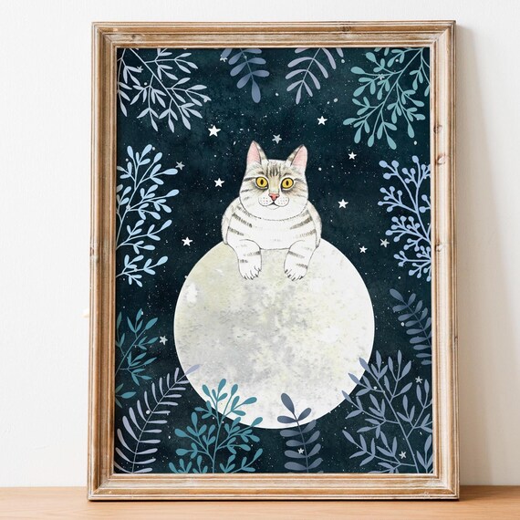 Tabby Cat Sitting On Full Moon Starry Night Sky Nursery Poster