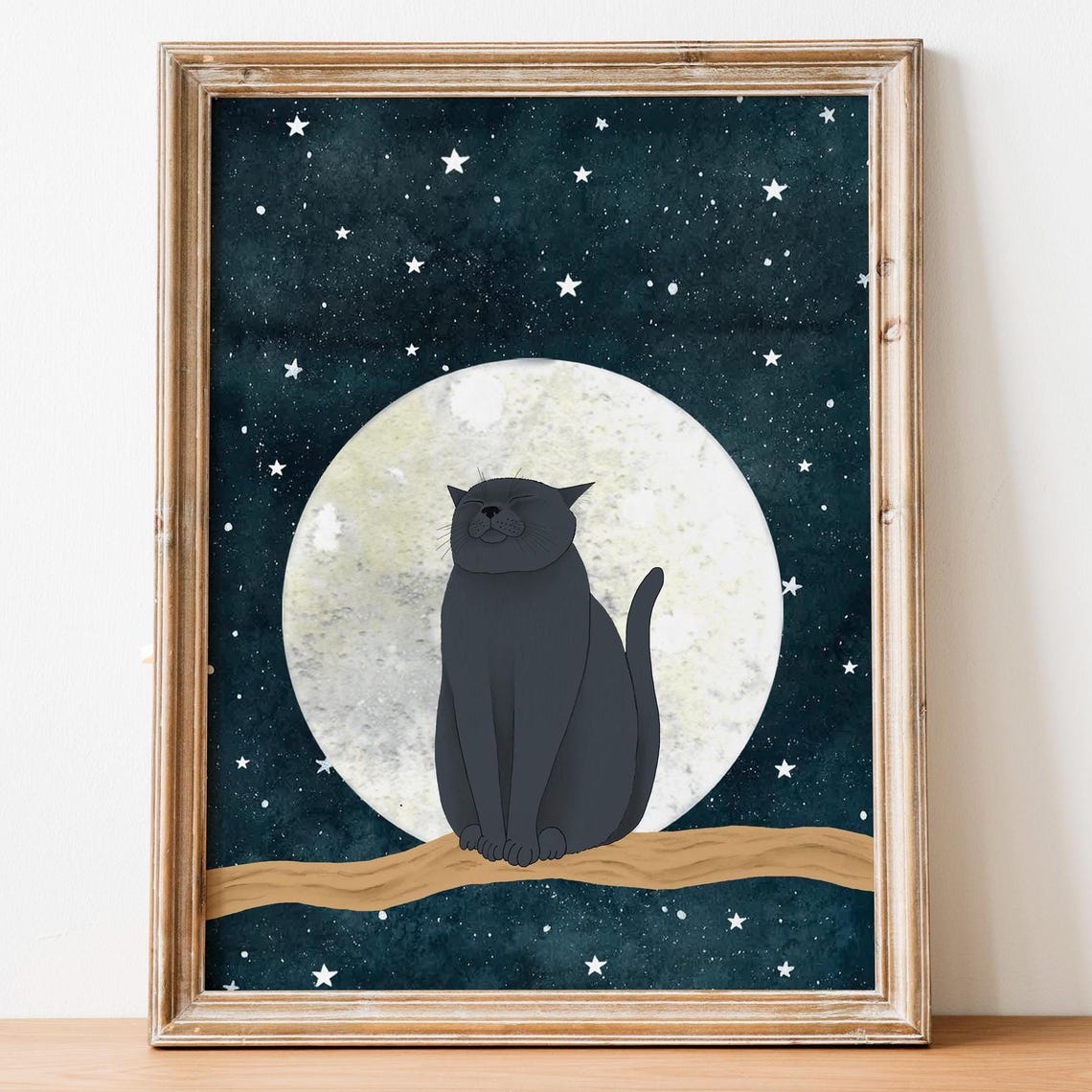 Black Cat Poster Wall Art Artistic Moon Illustration Night Sky Print Mystic Kitten Painting Home Decor