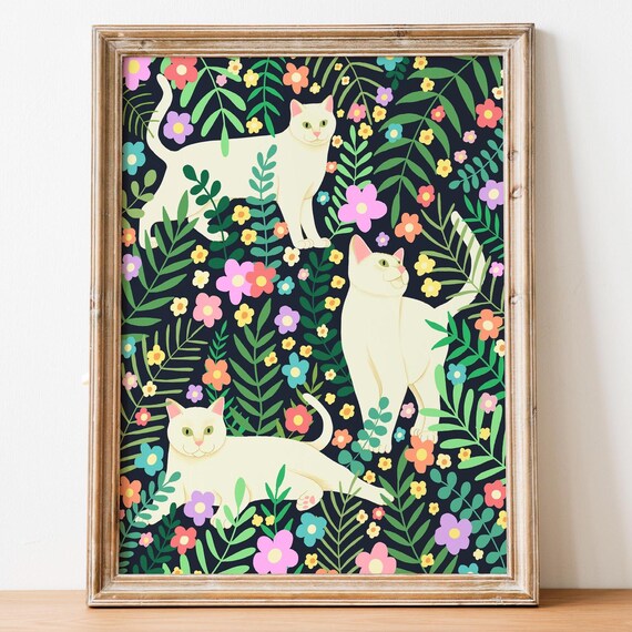 White Cats Tropical Flower Garden Watercolor Botanical Cats Wall Art