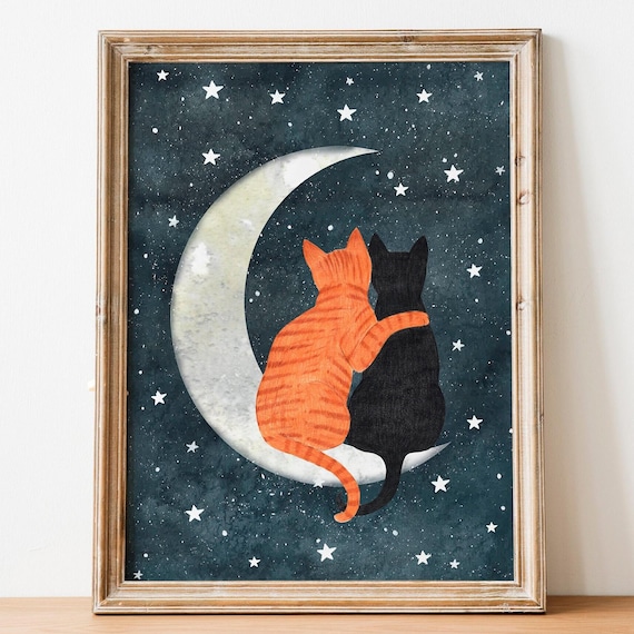 Black Cat Moon Art Print, Pet Memorial Decor