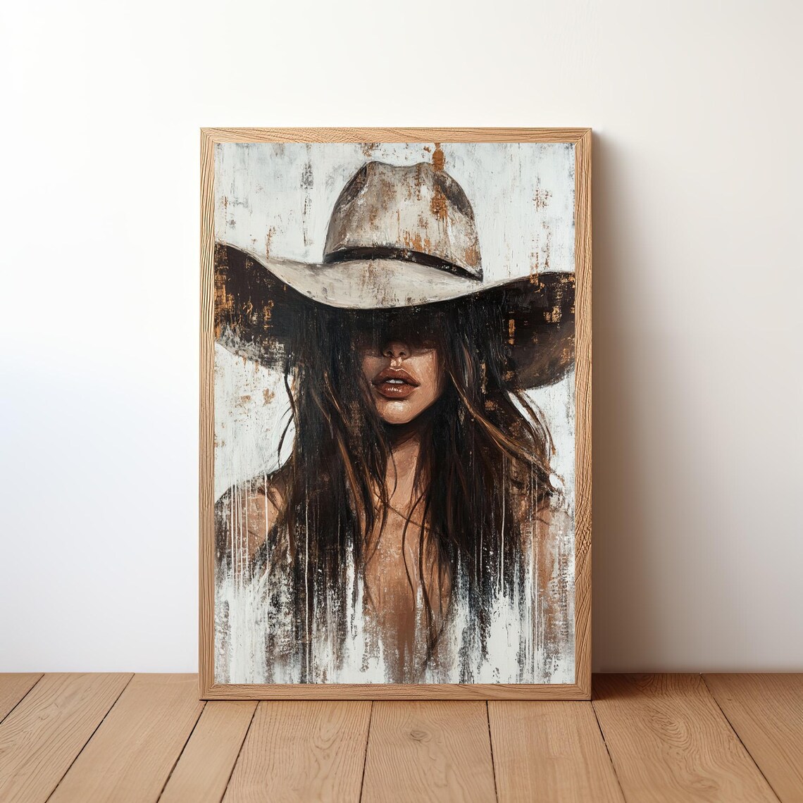 Rustic Brunette Cowgirl Weathered Gray Cowboy Hat Portrait Poster