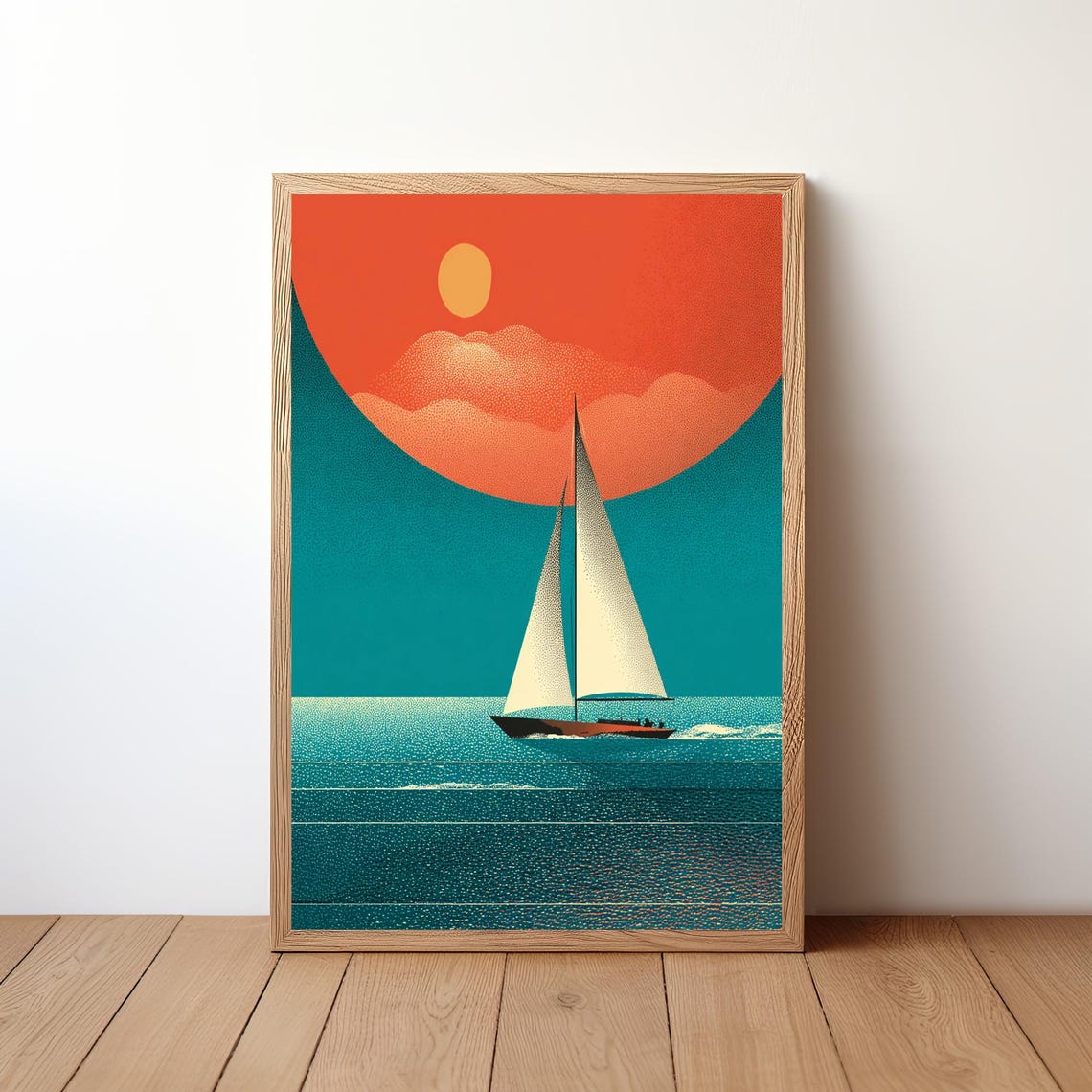 Retro Sailboat Big Red Sun Teal Sea Grain Texture Nautical Art Print