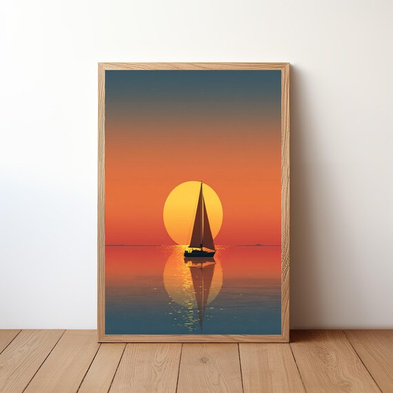 Sailboat Silhouette Crossing Giant Golden Sun Calm Water Reflection Poster