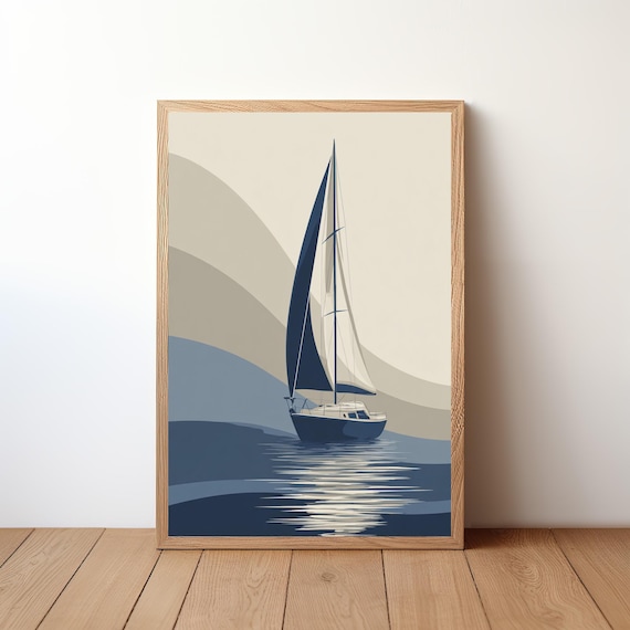 Minimalist Navy Sailboat Blue Sea Calm Water Coastal Sailing Print