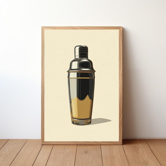Minimalist Cocktail Shaker Illustration Retro Bar Cart Decor Poster