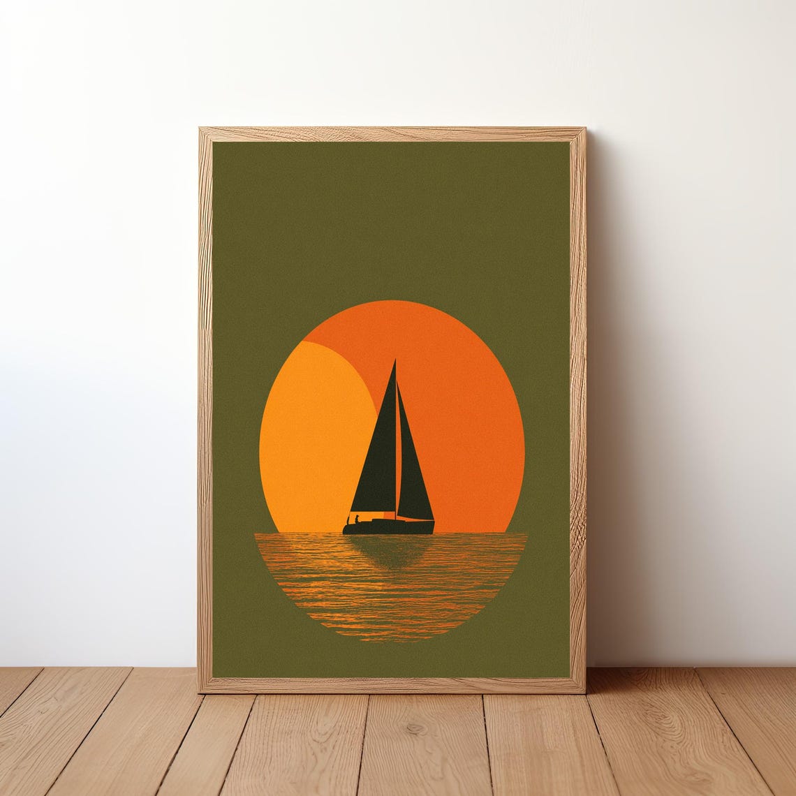 Sailboat Sunset Circle Retro Orange Sun Minimalist Art Print