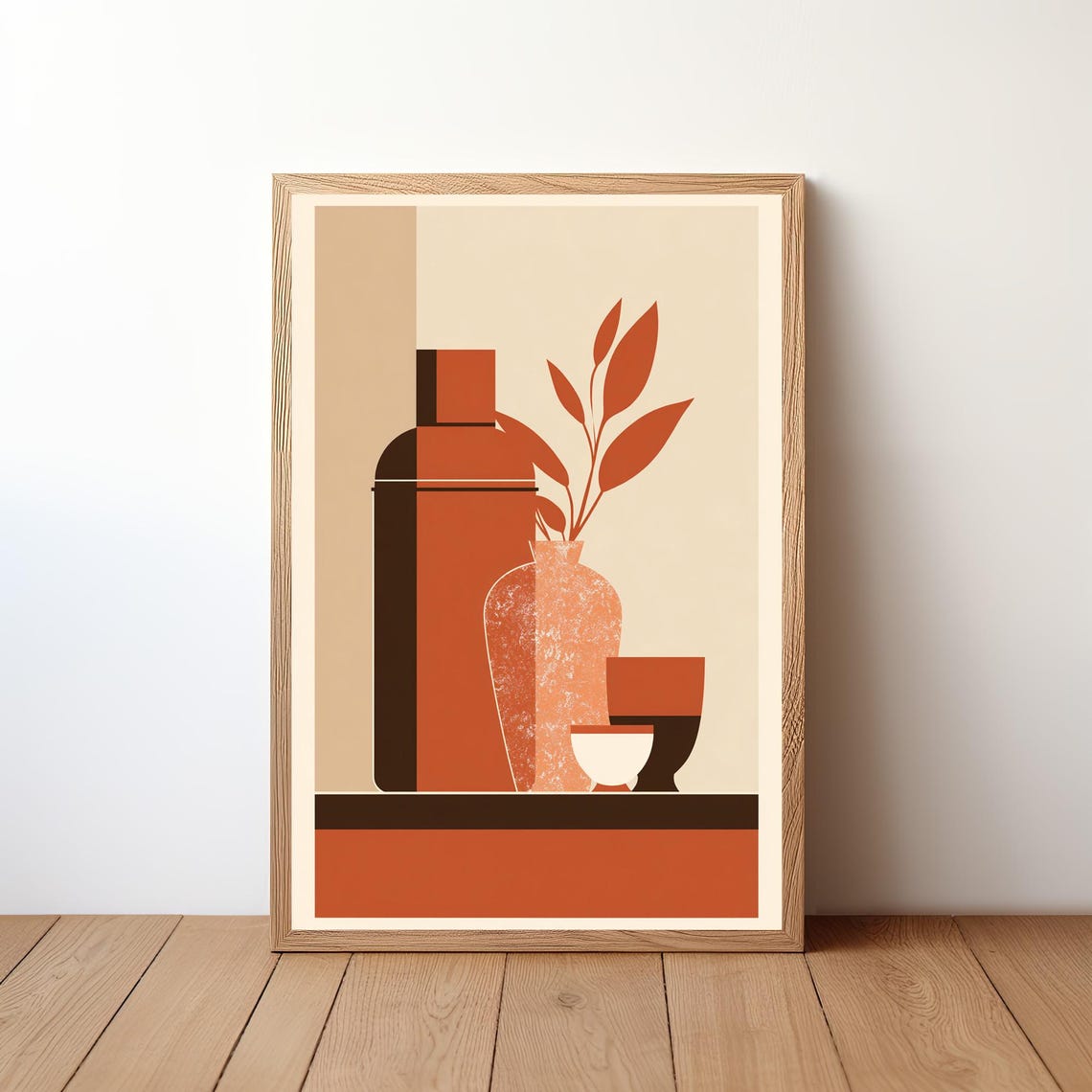 Vintage Mid Century Modern Terracotta Bar Cart Still Life Wall Art