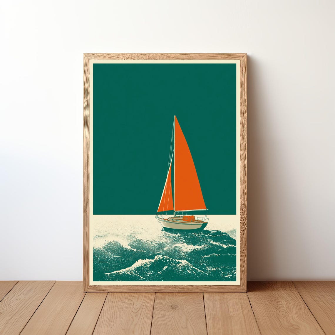 Geometric Sailboat Teal Orange Waves Modern Abstract Nautical Poster