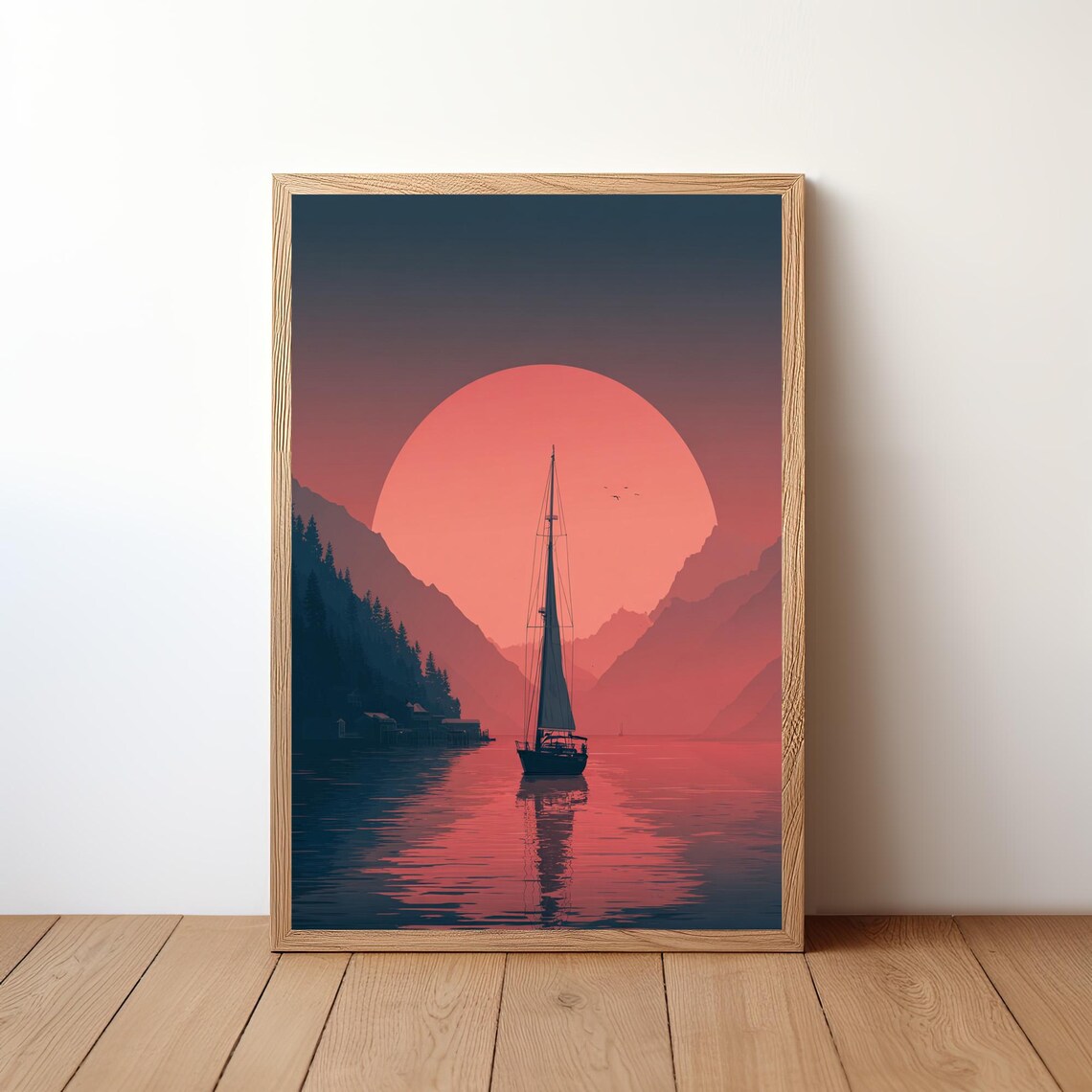 Sailboat Silhouette Under Giant Red Sun Fjord Mountains Minimalist Art Poster