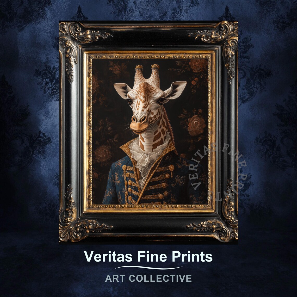 Tall Giraffe In A Blue Victorian Military Uniform Animal Poster