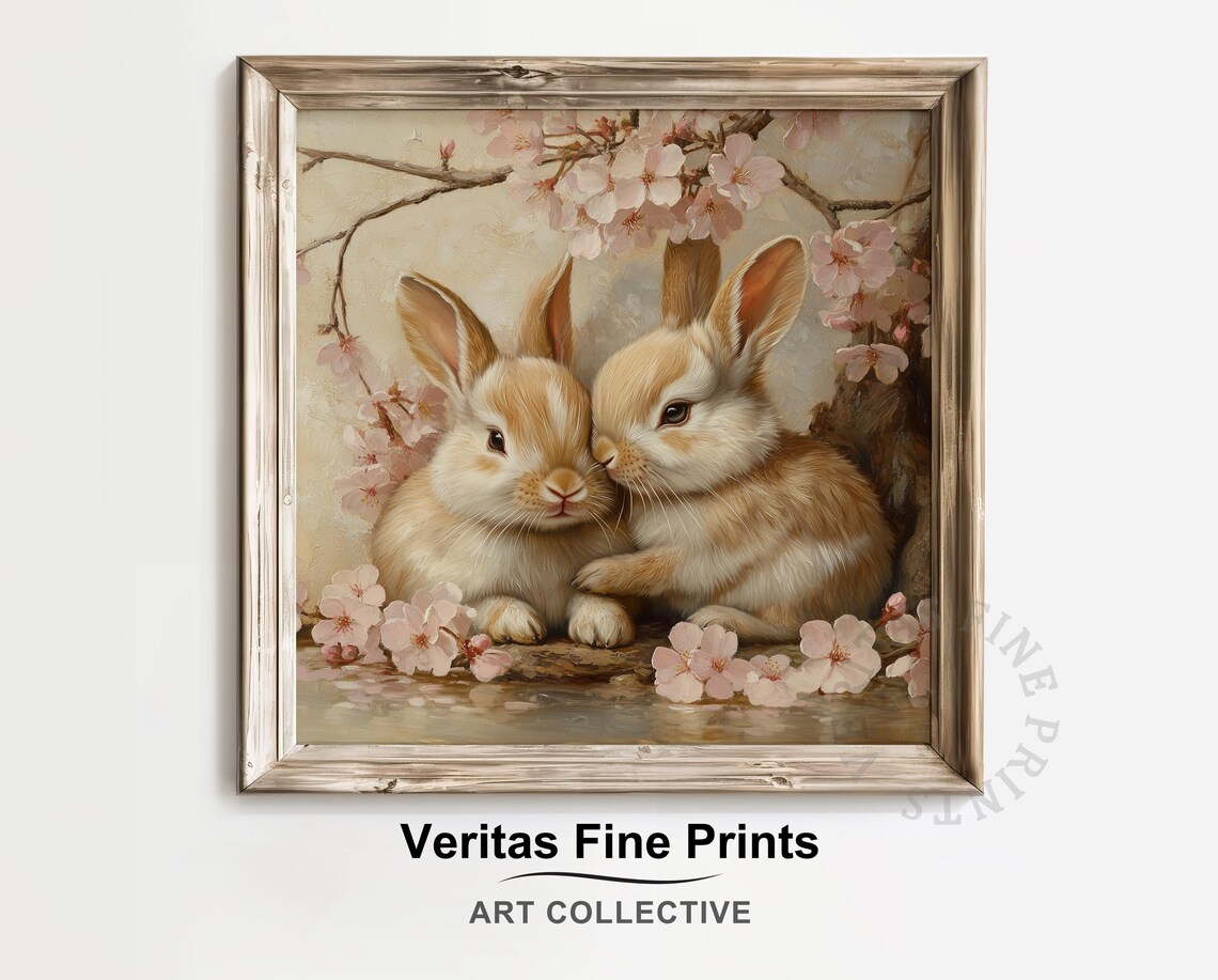 Bunny Pair Cuddling Under Cherry Blossom Branches Easter Poster