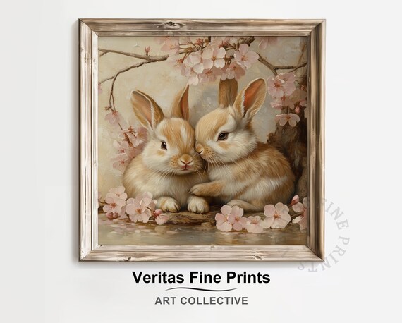 Bunny Pair Cuddling Under Cherry Blossom Branches Easter Poster