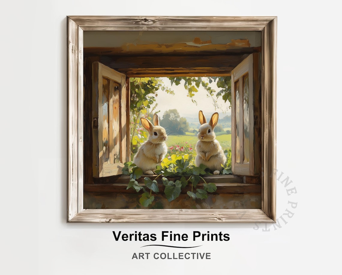 Springtime Bunnies on Cottage Window Sill Countryside Poster