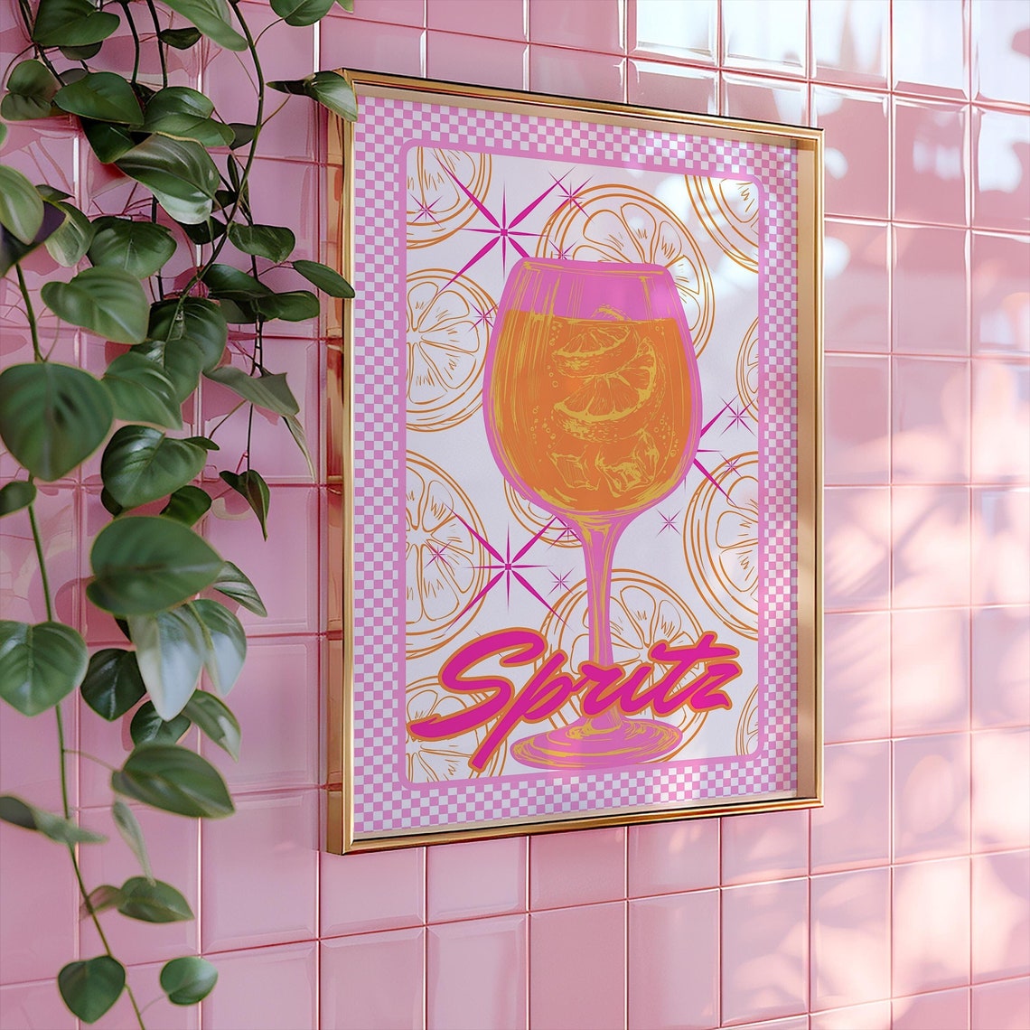 Pink Aperol Spritz Cocktail Retro Checkered Border Drink Poster - Image 4