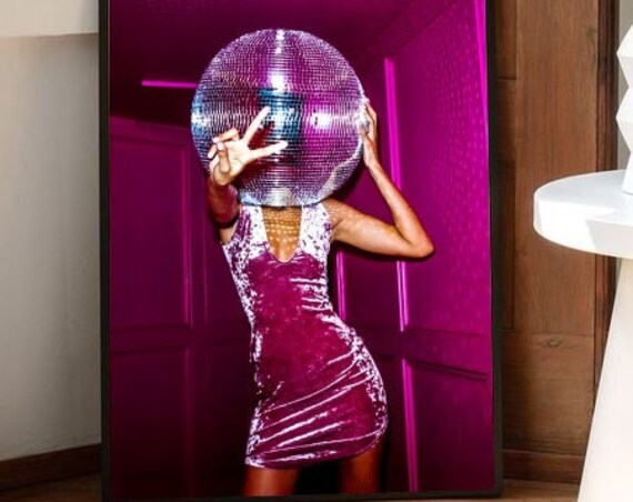 Disco Ball Head Girl Pink Velvet Dress Peace Sign Retro Poster