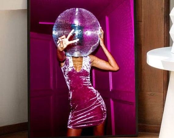 Pink Girl Disco Ball Vintage Wall Art Disco Ball Wall Art Art Retro Magazine Art Print