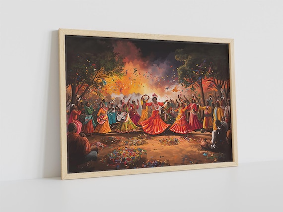 Indian Folk Dance Celebration Around Bonfire Vibrant Festival Painting Poster