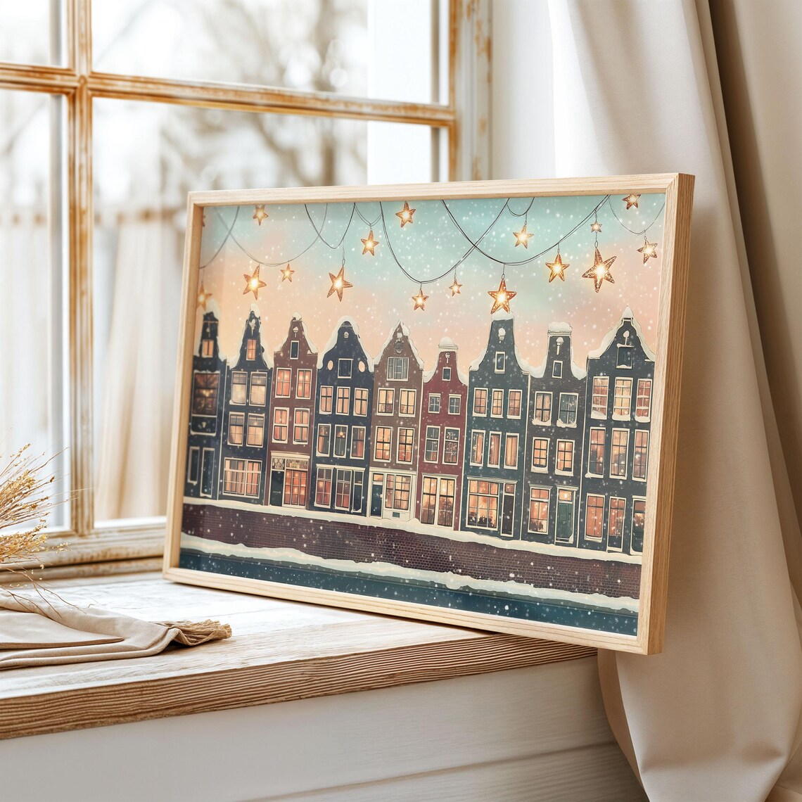 Snowy Amsterdam Canal Houses With Glowing Star Lights At Night Poster - Image 3