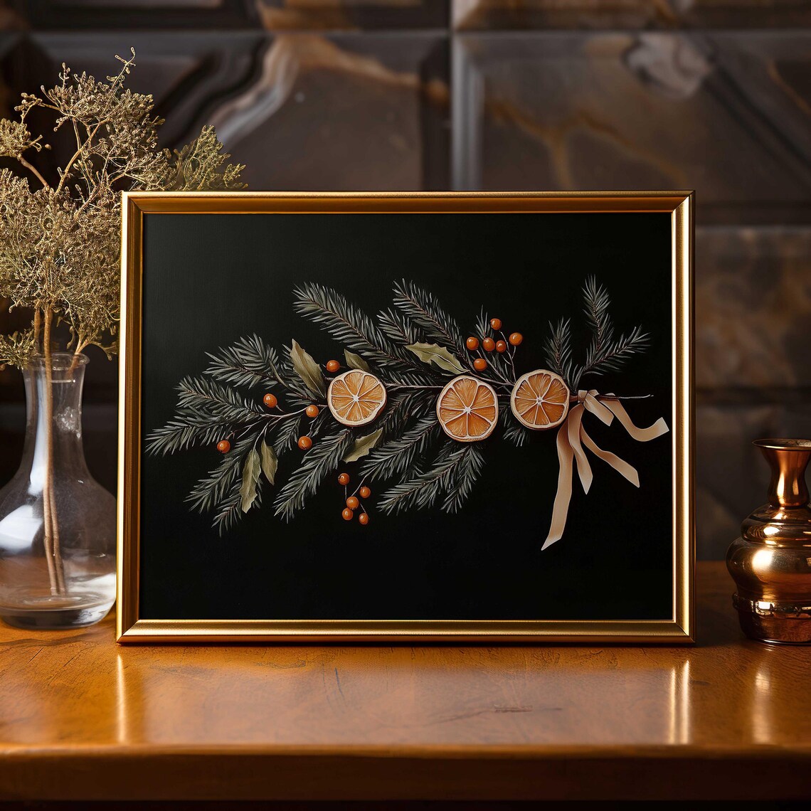 Christmas Garland With Dried Orange Slices On Black Moody Wall Art - Image 5