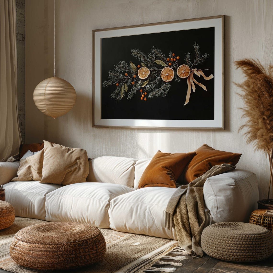 Christmas Garland With Dried Orange Slices On Black Moody Wall Art - Image 3