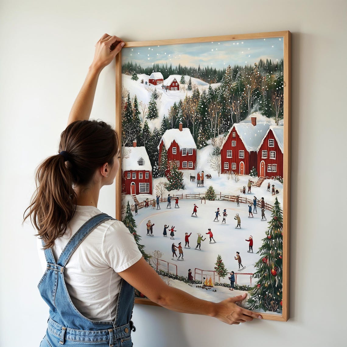 Red Cabins Ice Skating Pond Decorated Christmas Trees Art Poster - Image 4