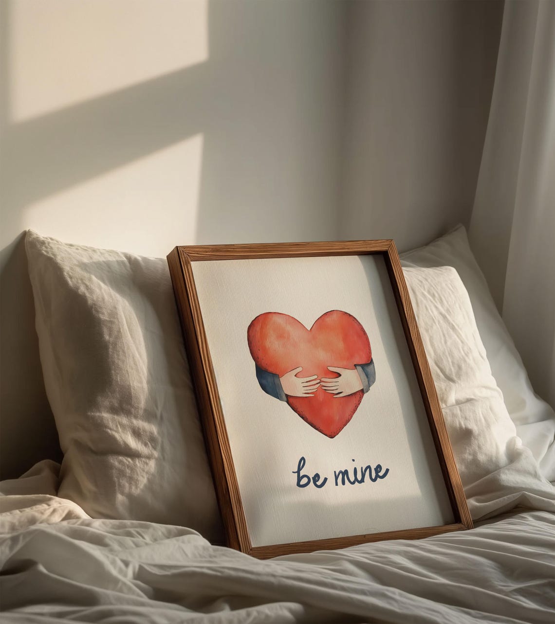Be Mine Watercolor Red Heart Hugged By Hands Valentine Art Poster - Image 2