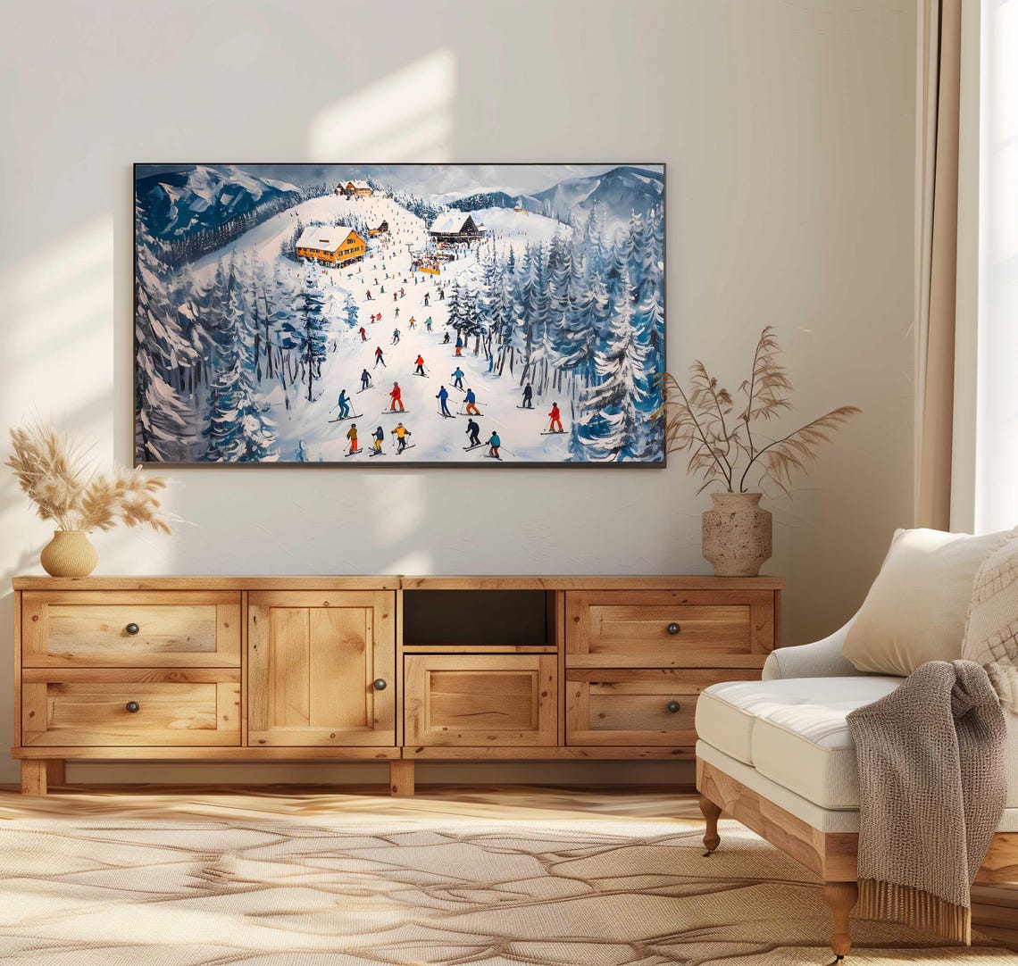 Ski Resort Busy Slopes Alpine Lodge Snowy Pines Winter Art Poster - Image 3