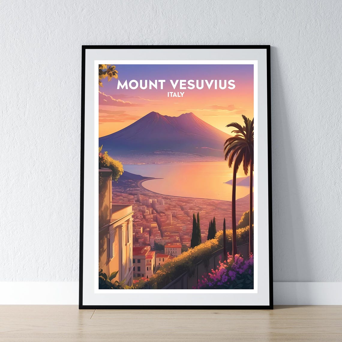 Mount Vesuvius Italy Sunset Bay Overlook Volcano Travel Poster