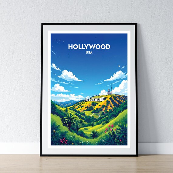Hollywood Sign USA Los Angeles Sunny Hills Retro Travel Poster