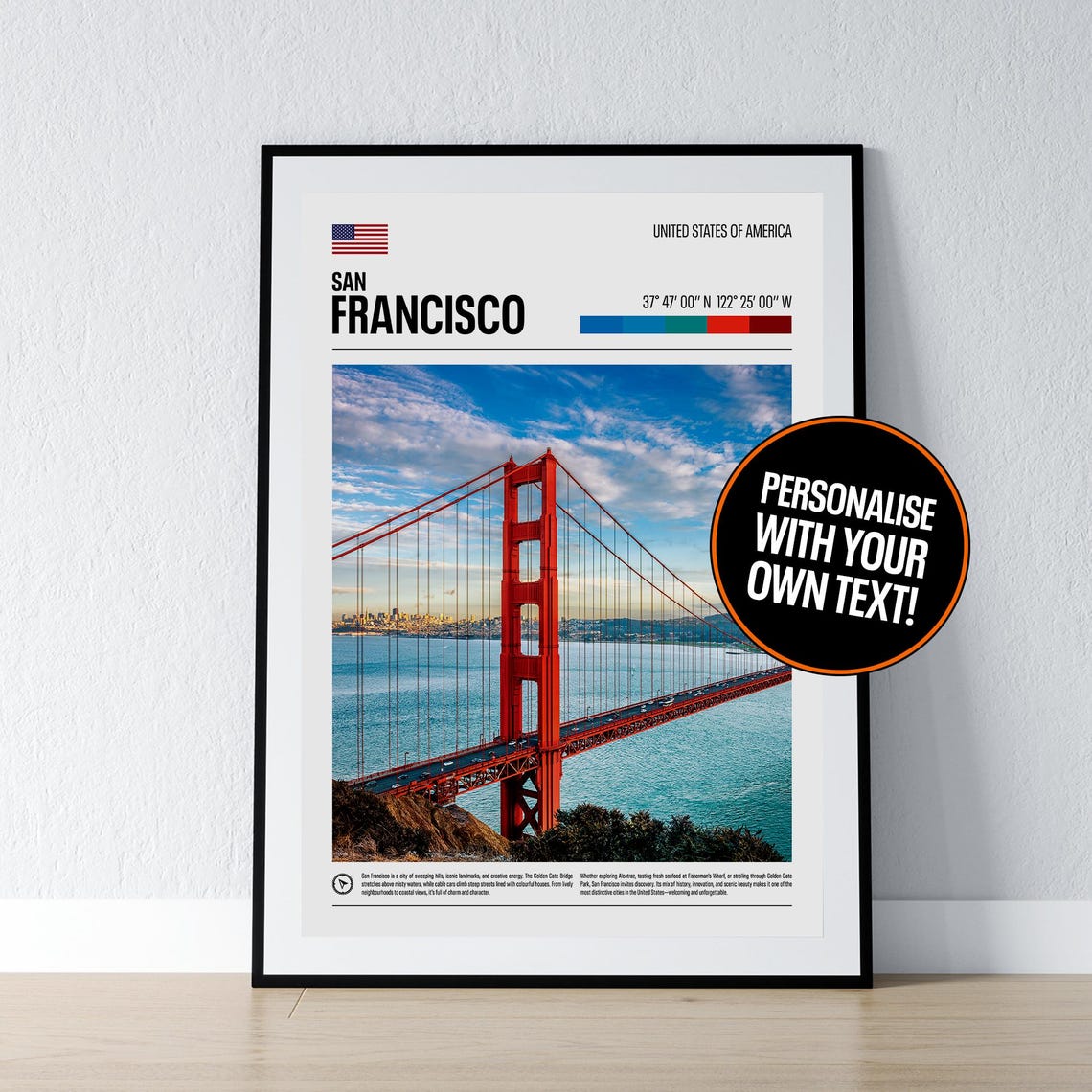 San Francisco Golden Gate Bridge Coordinates Photo Travel Print