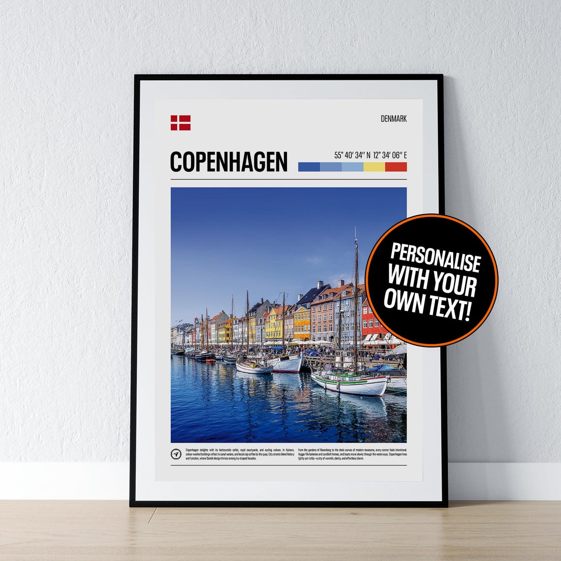 Copenhagen Denmark Coordinates Nyhavn Harbor Photo Travel Poster