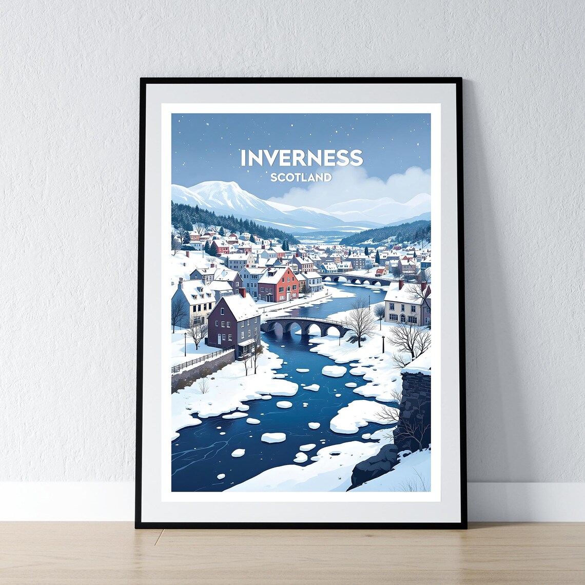 Inverness Scotland Snowy River Town Winter Travel Scene Poster
