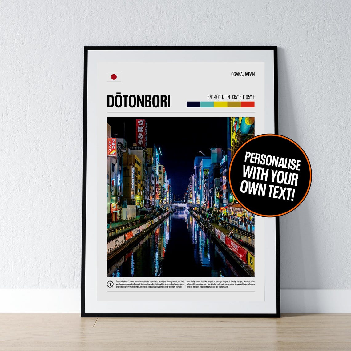 Dotonbori Osaka Japan Night Canal Neon Signs Coordinates Travel Poster