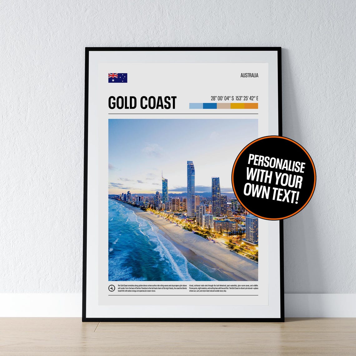 Gold Coast Australia Coordinates Surfers Paradise Skyline Poster