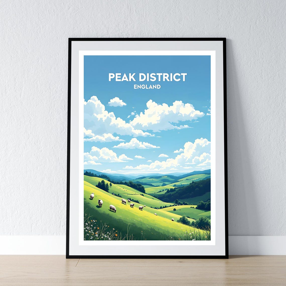 Peak District England Sheep Grazing Meadow Hills Travel Poster