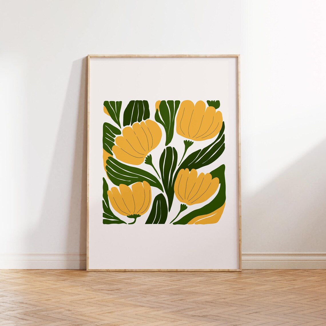 Yellow Tulips Dark Green Leaves Bold Folk Botanical Flower Poster