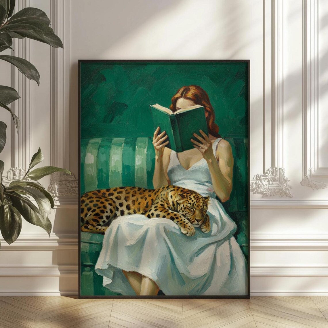 Reading Woman And Sleepy Leopard Art Print