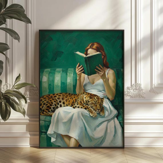 Reading Woman And Sleepy Leopard Art Print