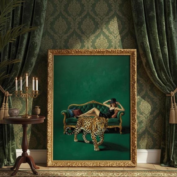 Femme Fatale Leopard Art Print Emerald Green Maximalist Decor Digital Download