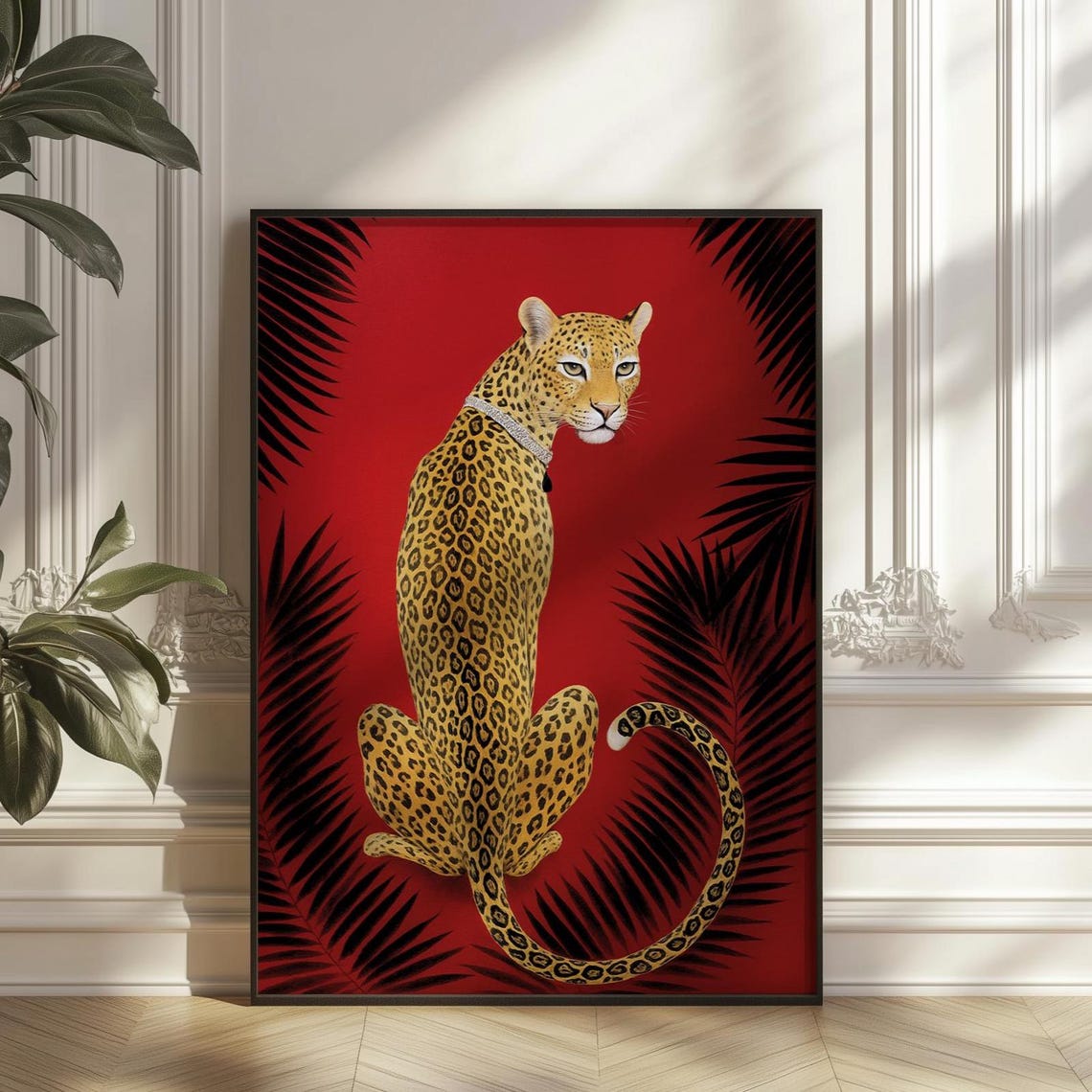 Elegant Leopard Diamond Collar Red Jungle Maximalist Decor Poster